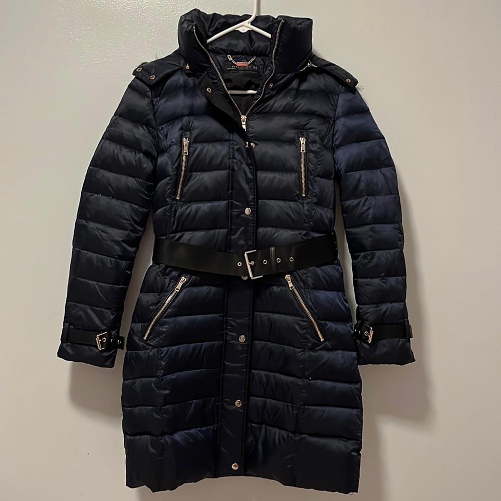Zara Woman Navy Blue Down Puffer Coat Jacket With Hood Gem